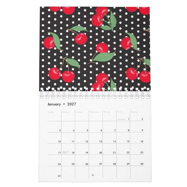 Roter Kirschfrucht Grüne Blätter Schwarz-weiße Pun Kalender (Jan 2027)