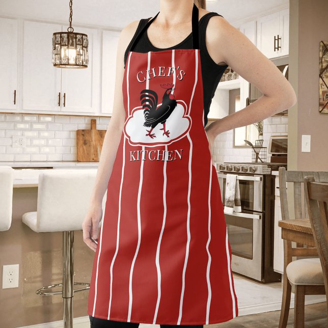 Roter Koch Küchenzeile Strickte Schürze (Apron featuring a simple red and white striped design with a rooster on a cloud )