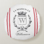 Roter Körner Sack Custom Familienwappen Rundkissen Rundes Kissen<br><div class="desc">Dieses runde Akzent Kissen mit einem mit Monogramm,  Vintagen französischen Familienwappen und grauem bürokratischem Streifen an den Seiten und einem vollen Muster auf der Rückseite.</div>