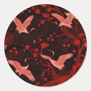 Roter Kranich-Kirschblüten-Chinoiserie-Muster Runder Aufkleber
