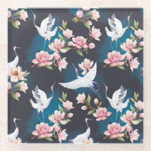 Roter Kranich Magnolie: Japanische Aquarellmalerei Glasuntersetzer