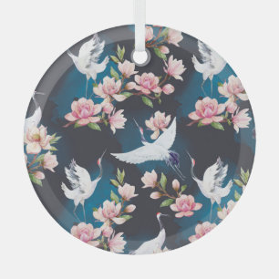 Roter Kranich Magnolie: Japanische Aquarellmalerei Ornament Aus Glas