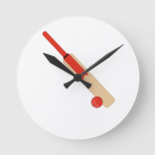 Roter Kricketschläger und Ball-Wanduhr Runde Wanduhr