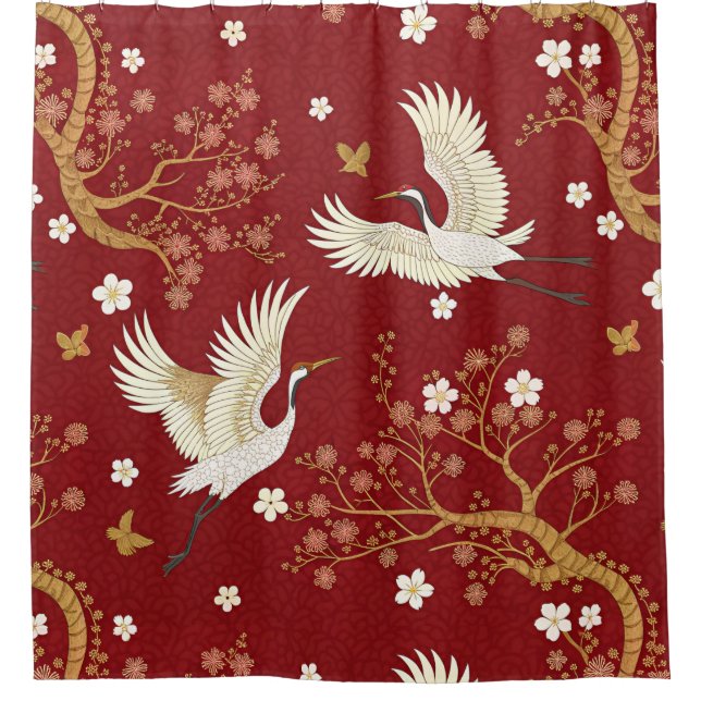 Roter Kronenkranich-Sakura-Muster (1) Duschvorhang (Vorderseite)