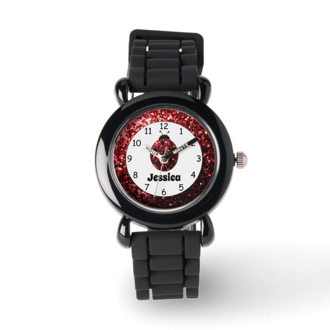 Roter Ladybug Ladybird Glitzern Individuelle Name  Armbanduhr (Vorderseite)