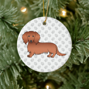 Roter Langhaar-Dachshund Süßer Cartoon-Hund & Text Keramik Ornament