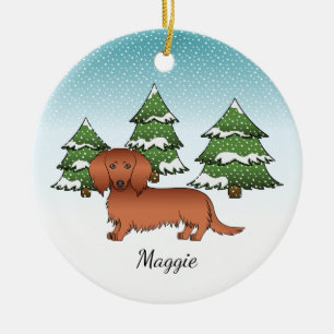 Roter Langhaar-Dachshund Süßer Hund - Winterwald Keramik Ornament