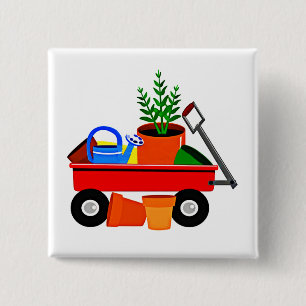 Roter Lastwagen mit Pflanzen u. Garten-Werkzeugen Button