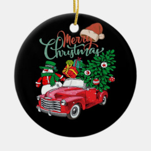 Roter Lastwagen Pickup Weihnachtsbaum Frohe Weihna Keramik Ornament