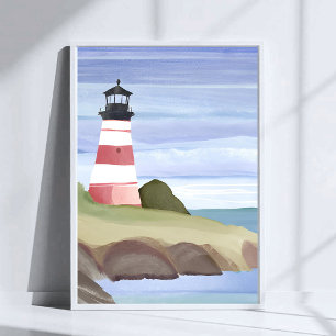 Roter Leuchtturm   Küsten-Ozean-Aquarellmalerei Poster