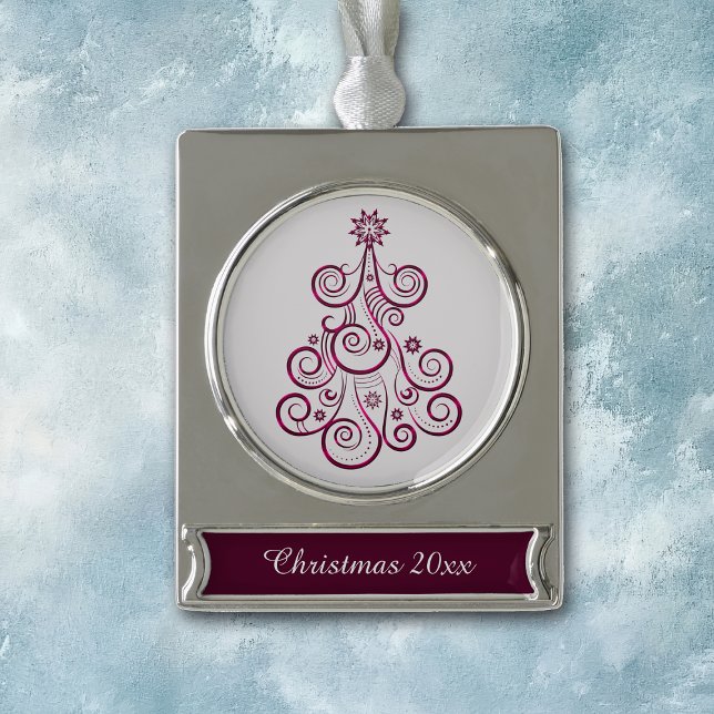 Roter Lila Swirl Retro Holiday Tree Banner-Ornament Silber (Von Creator hochgeladen)