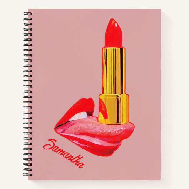 Roter Lipstick mit Personalisierung Notizbuch (Vorderseite)