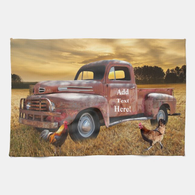 Roter LKW-Hennenroster, antiker Sonnenuntergang Geschirrtuch (Horizontal)