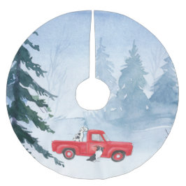 Roter LKW Hund Winterschnee Weihnachten Polyester Weihnachtsbaumdecke