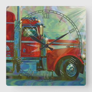 Roter Lkw-Kunstmauer für den Schwertransport Quadratische Wanduhr
