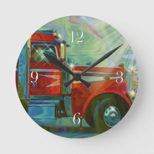 Roter Lkw-Kunstmauer für den Schwertransport Runde Wanduhr