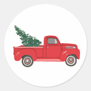 Roter LKW mit Baum Art Malerei Runder Aufkleber