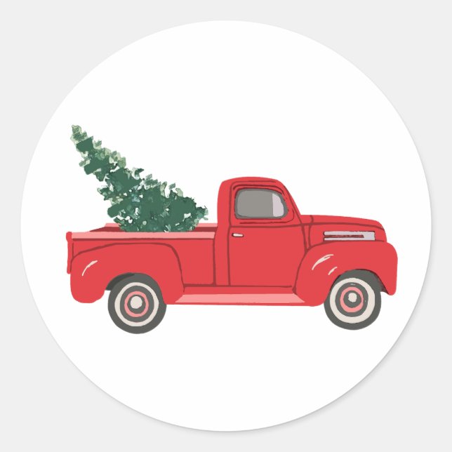 Roter LKW mit Baum Art Malerei Runder Aufkleber (Vorderseite)