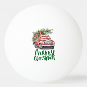 Roter LKW mit Weihnachtsbaum für Pingpongspieler Tischtennisball