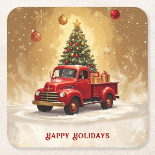 Roter LKW mit Weihnachtsbaum-Papieruntersetzer Rechteckiger Pappuntersetzer