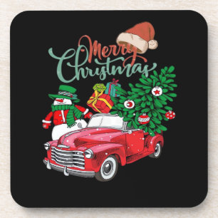 Roter LKW Pickup Weihnachtsbaum Frohe Weihnachten Getränkeuntersetzer