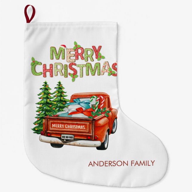 Roter LKW Pine Tree Frohe Weihnachten Personalisie Großer Weihnachtsstrumpf (Vorderseite)