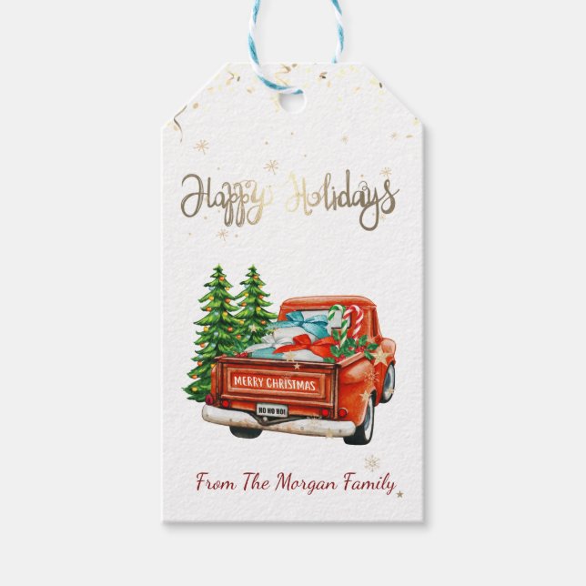 Roter LKW Pine Tree Weihnachten ,Happy Holidays Geschenkanhänger (Vorderseite)