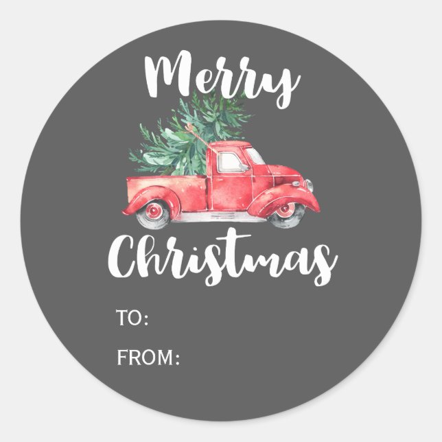 Roter LKW und Baum | Graue Weihnachtsbezeichnung Runder Aufkleber (Vorderseite)