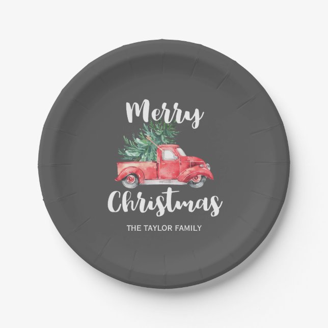 Roter LKW und Baum | Graues, fröhliches Weihnachts Pappteller (Vorderseite)