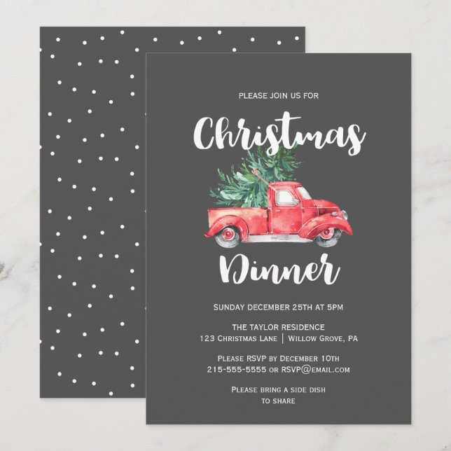 Roter LKW und Baum | Graues Weihnachtsessen Einladung (Vorne/Hinten)