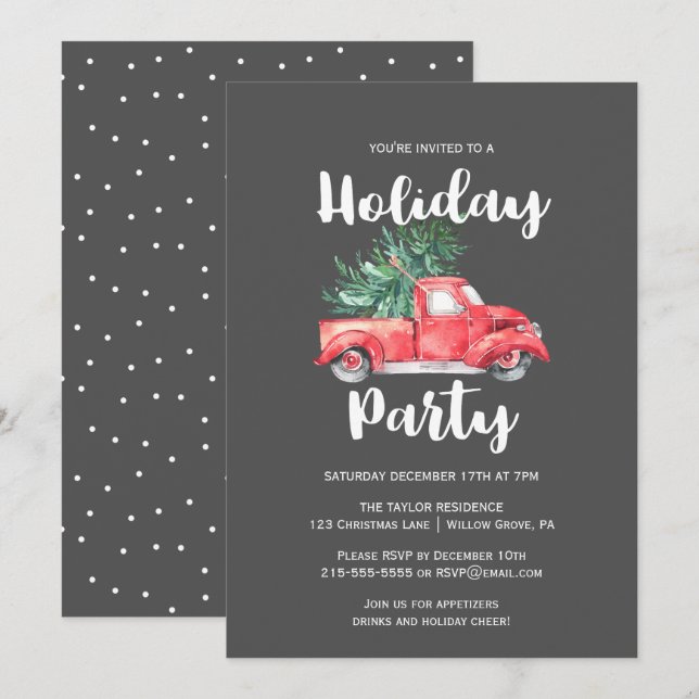 Roter LKW und Baum | Gray Holiday Party Einladung (Vorne/Hinten)