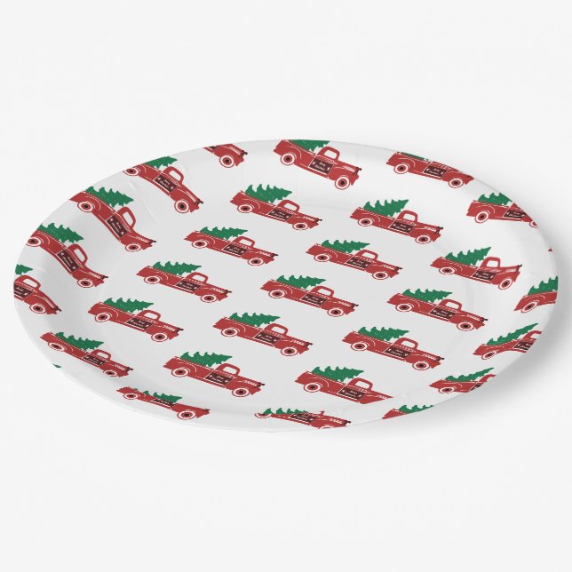 Roter LKW und Baumplatte Pappteller (Schrägansicht)