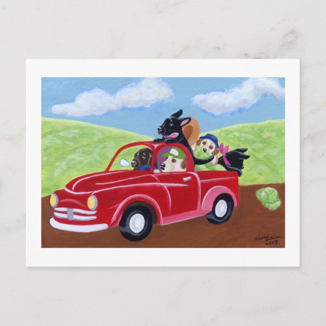 Roter Lkw und Labradore Postkarte (Vorderseite)