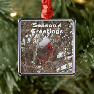 Roter männlicher Kardinal Winterschnee Ornament Aus Metall