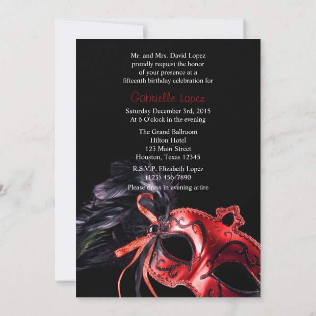 Roter Masquerade Quinceanera Ball Einladung (Rückseite)