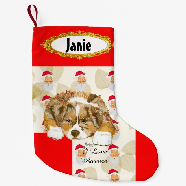 Roter Merle australischer Strumpf Welpen-w/Santa Kleiner Weihnachtsstrumpf (Vorderseite)