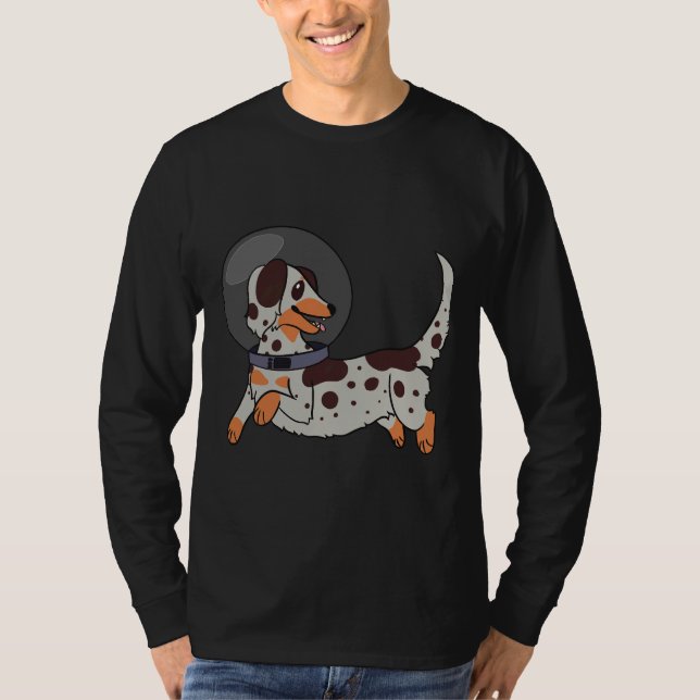 Roter Merle lange haarige Dackel im Weltraum T-Shirt (Vorderseite)