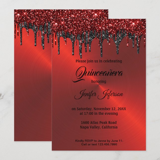 Roter metallischer Glitzer Quinceanera Einladung (Vorne/Hinten)