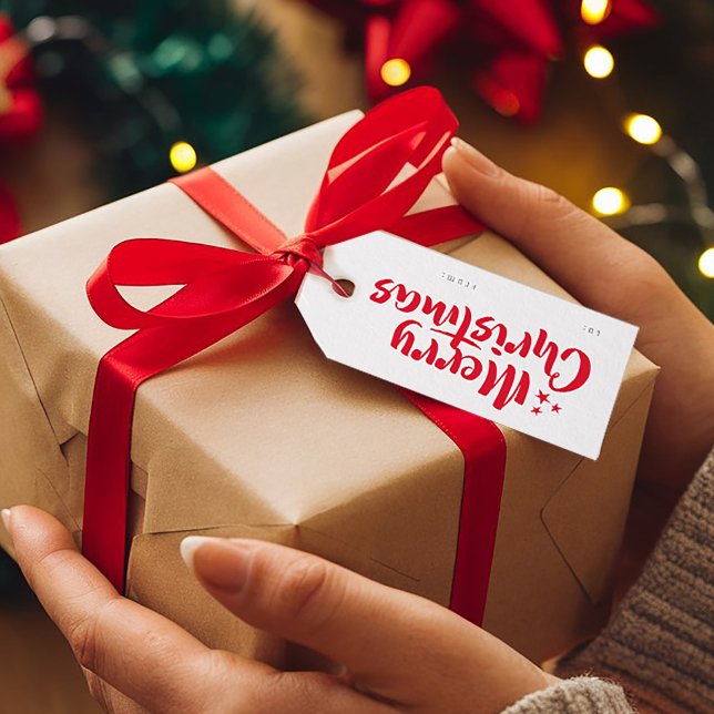 Roter Minimal Niedlicher Schriftart frohe Weihnach Geschenkanhänger (Von Creator hochgeladen)