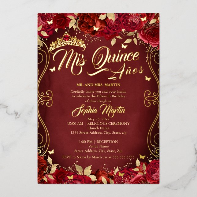 Roter Mis Quince Quinceanera Folieneinladung (Vorderseite)