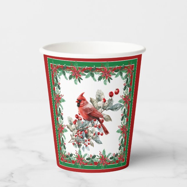 Roter Mockingbird Poinsettia Grenzen Elegant Pappbecher (Vorderseite)