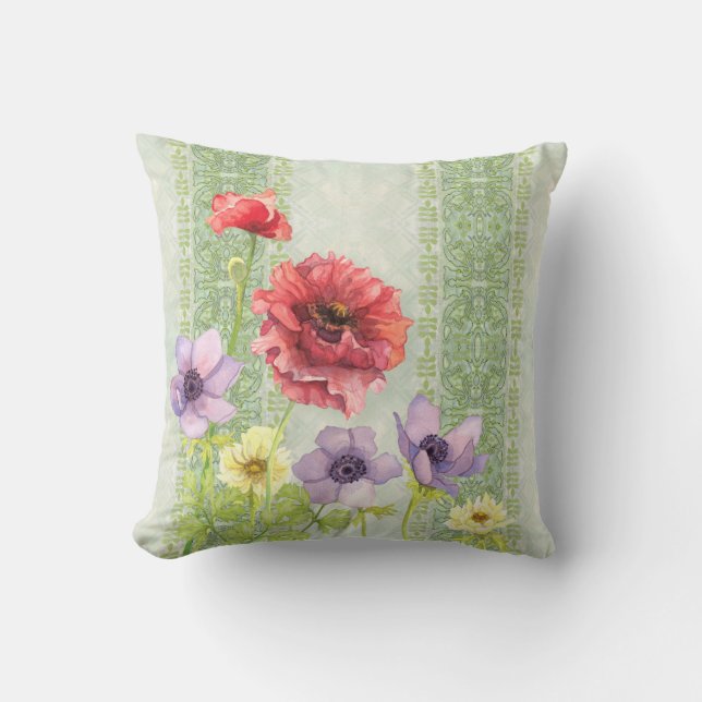Roter Mohn Anenome Jugendstil Gestreifte Wohngesta Kissen (Vorderseite)