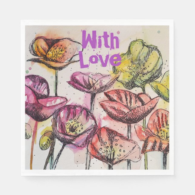 Roter Mohn Aquarell Hellrosa Blume Serviette (Vorderseite)