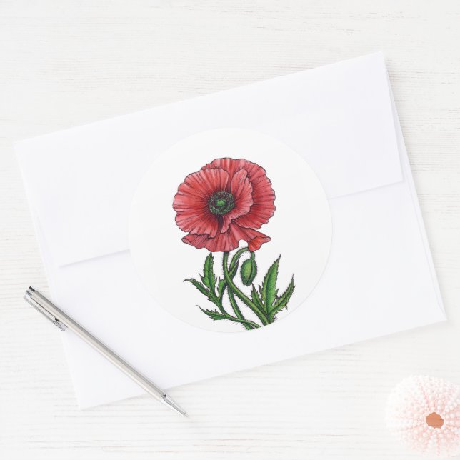 Roter Mohn, Aquarell und Tinte Runder Aufkleber (Umschlag)