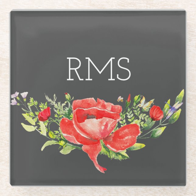 Roter Mohn auf grauem, individualisierbarem Monogr Glasuntersetzer (Vorderseite)