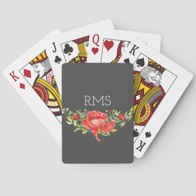 Roter Mohn auf grauem, individualisierbarem Monogr Spielkarten (Rückseite)