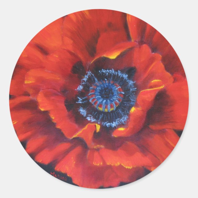 Roter Mohn auf schwarzen Stickern Runder Aufkleber (Vorderseite)