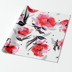 Roter Mohn auf weißem Hintergrund mit grauen Strei Geschenkpapier