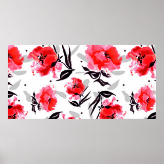 Roter Mohn auf weißem Hintergrund mit grauen Strei Poster