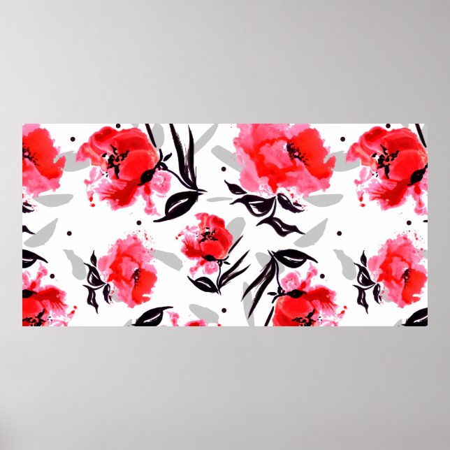 Roter Mohn auf weißem Hintergrund mit grauen Strei Poster (Vorne)